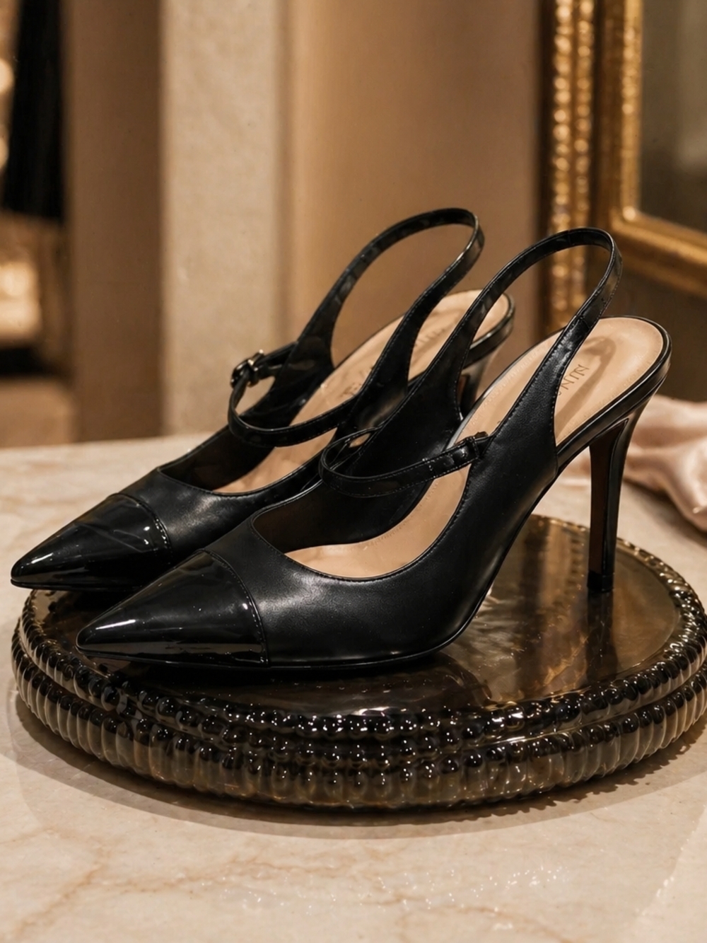 Nine West Black Pointed Slingback Heels with Strap